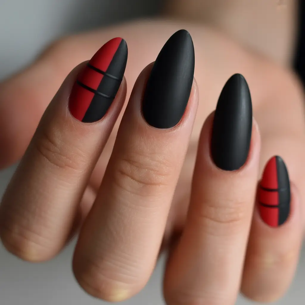 Trendy Black Fall Nails 2025 Geometric Edge in Black and Red