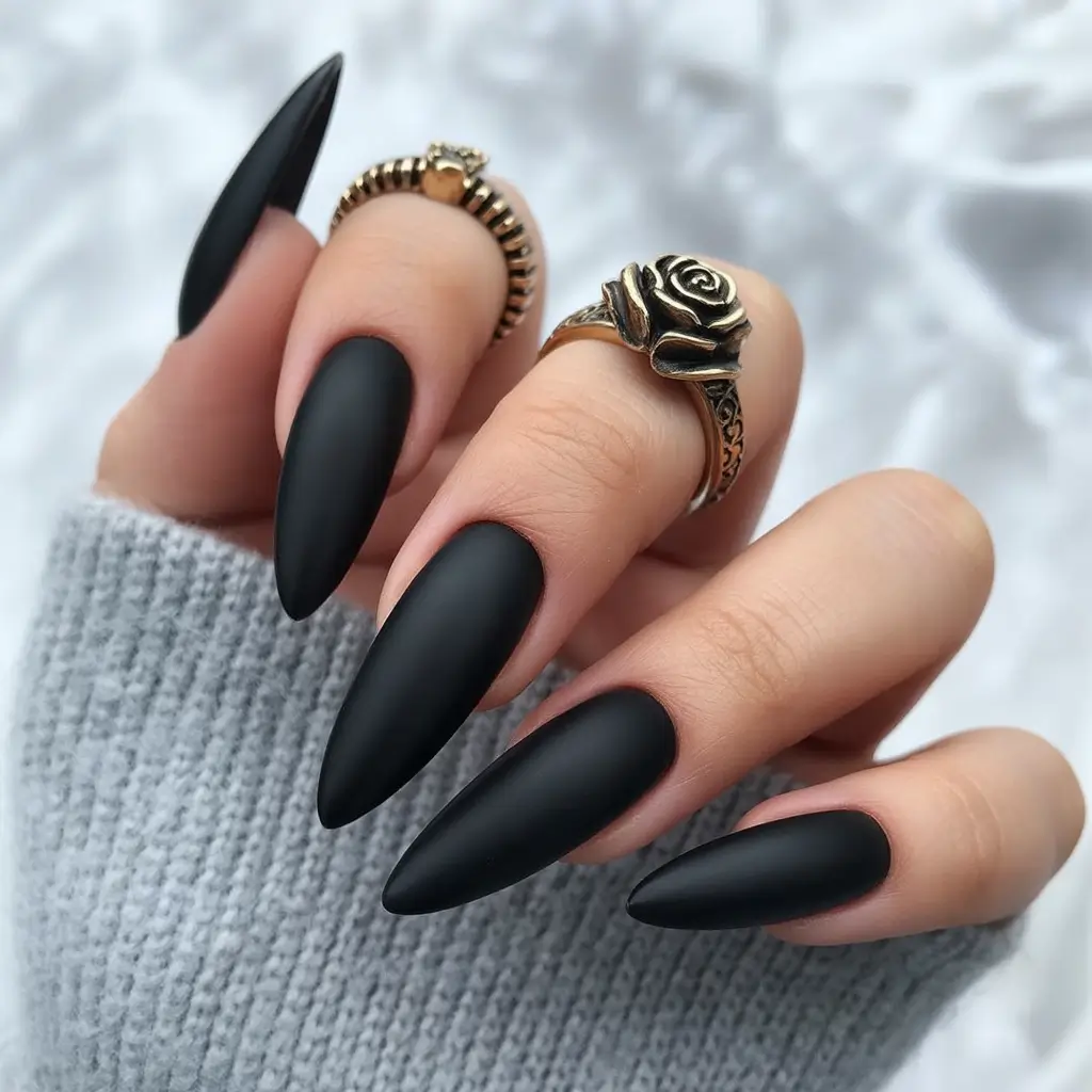 Trendy Black Fall Nails 2025 Long Almond Matte Black