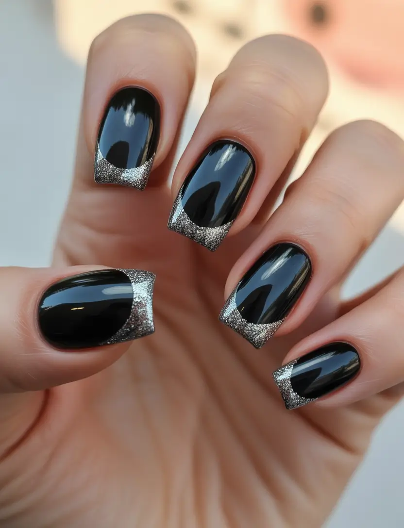Trendy Black Fall Nails 2025 Silver-Tipped Sophistication