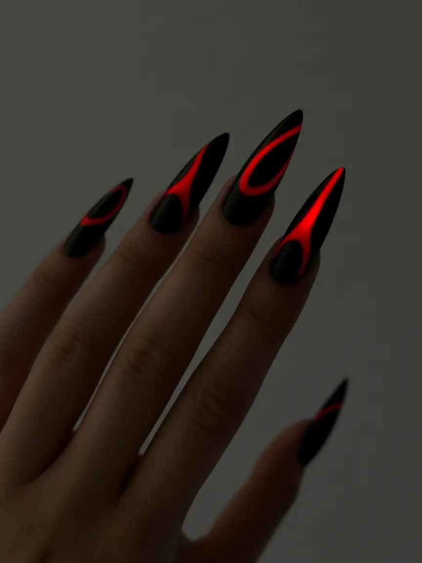 Trendy Black Fall Nails 2025 Black with Neon Red Glow