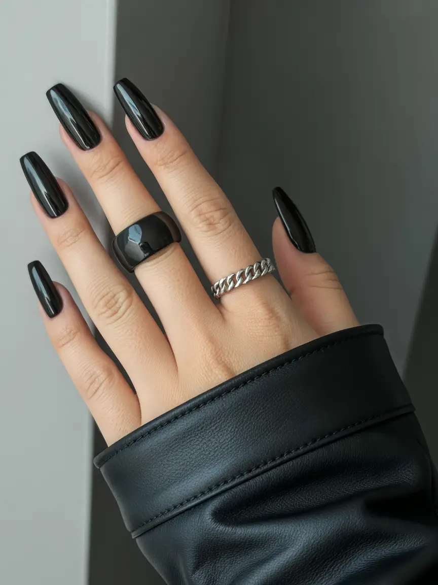 Trendy Black Fall Nails 2025 Glossy Black Coffin Nails