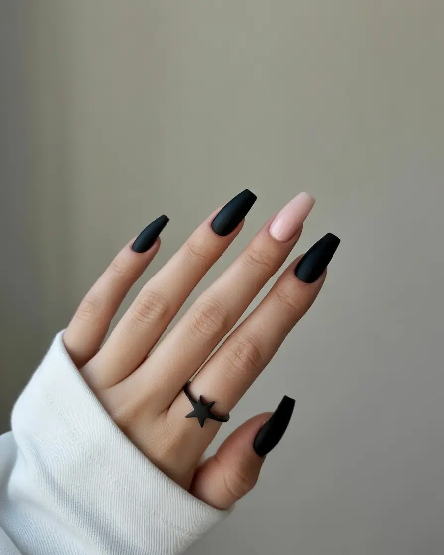 Trendy Black Fall Nails 2025 Matte Black with Nude Accent