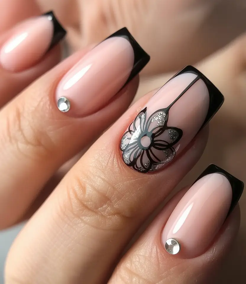 Trendy Black Fall Nails 2025 Square Black French with Floral Accent