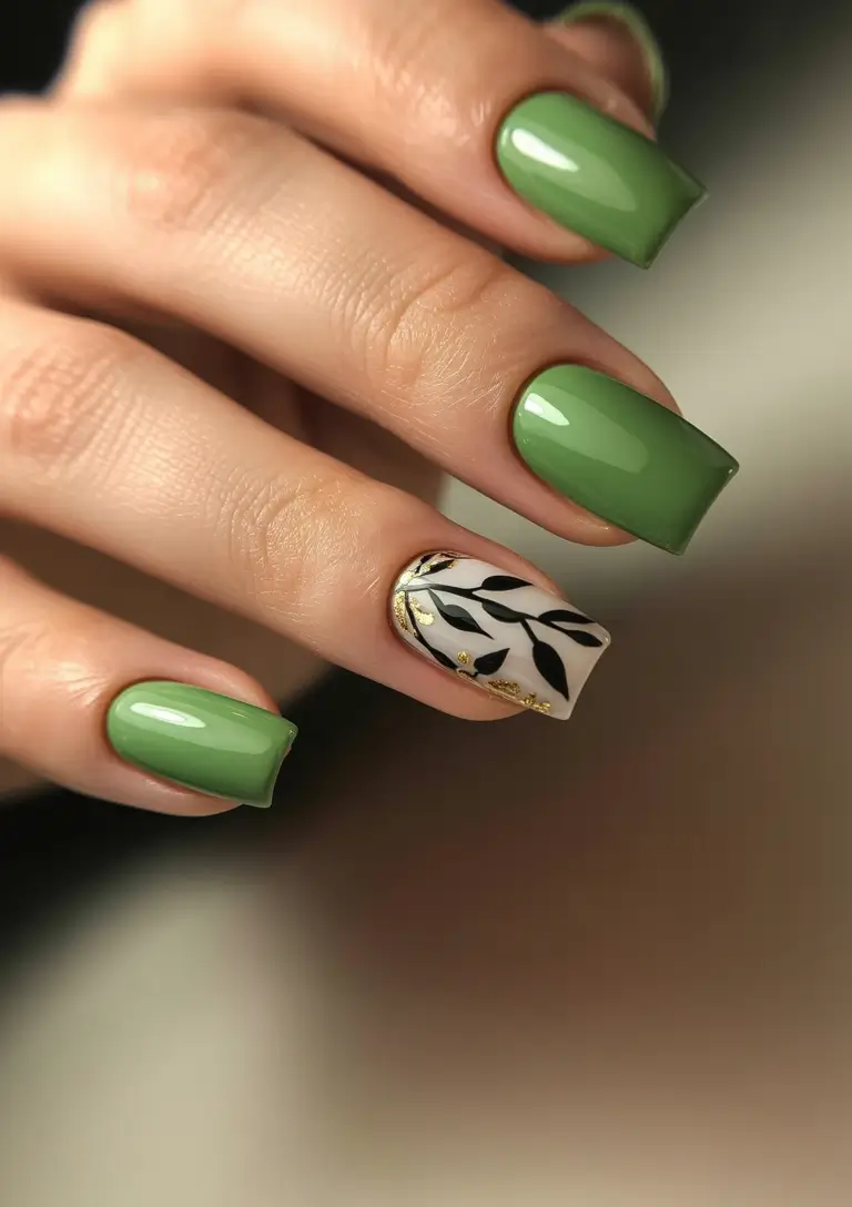 Trendy Fall Nail Inspo 2025 Olive Green Chic with Botanical Detail