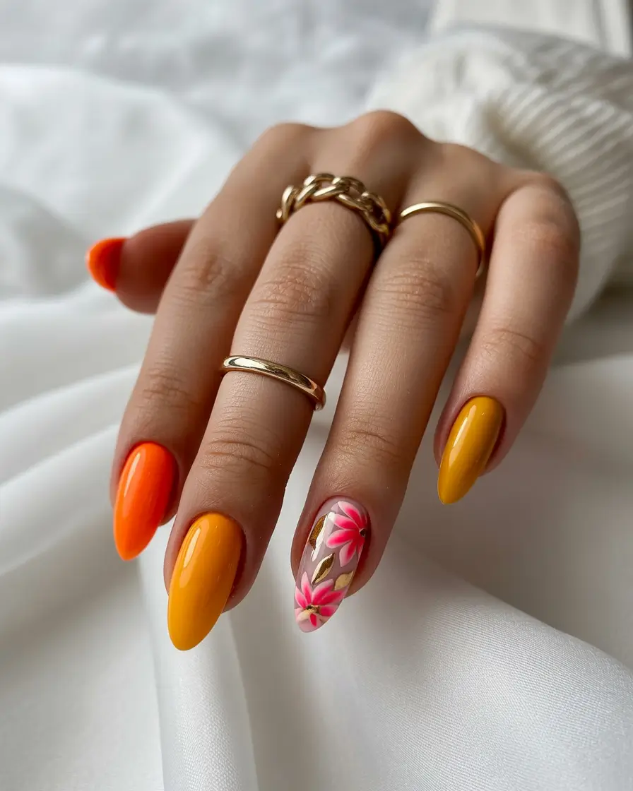 Trendy Fall Nail Inspo 2025 Golden Florals with Citrus Brights