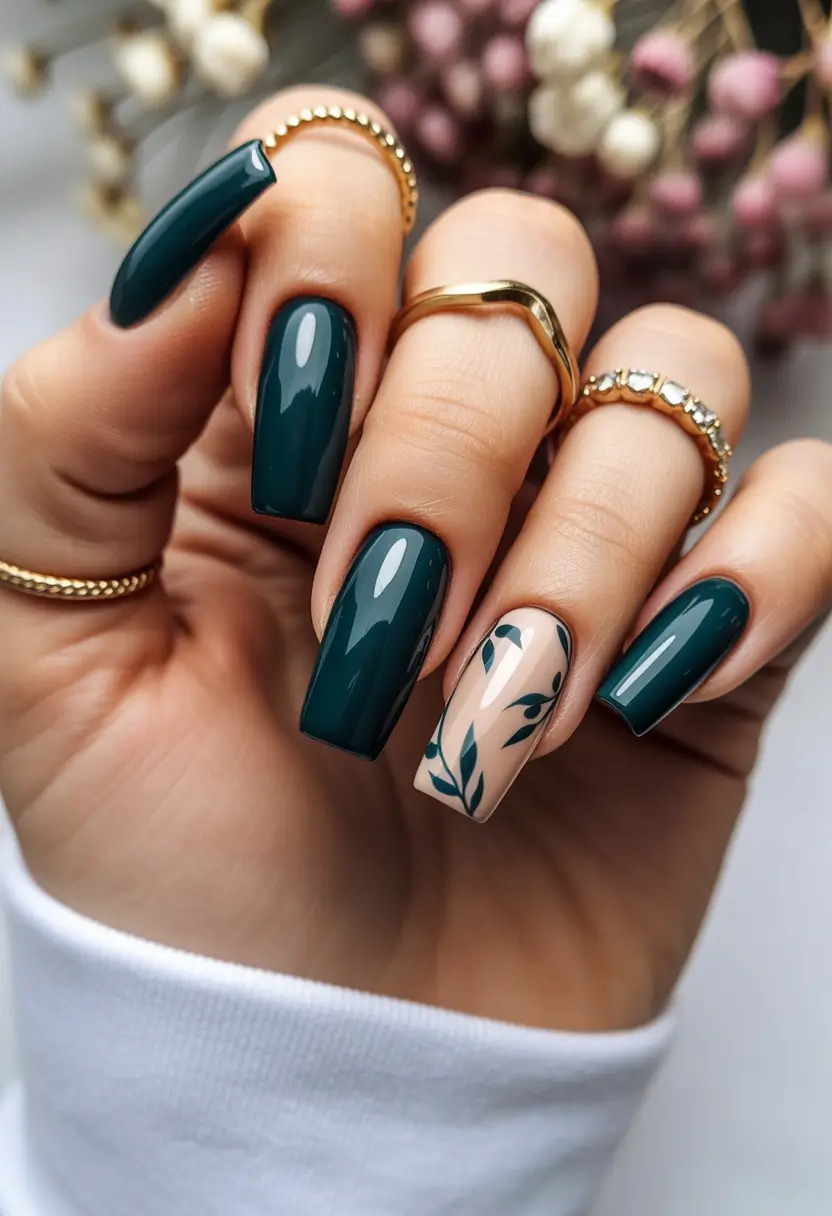 Trendy Fall Nail Inspo 2025 Deep Green Elegance with a Modern Accent