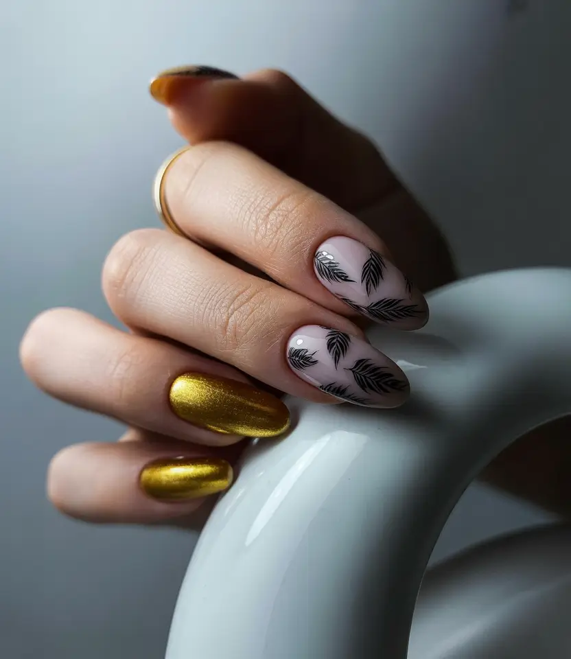 Trendy Fall Nail Inspo 2025 Golden Accents with Black Leaf Detailing