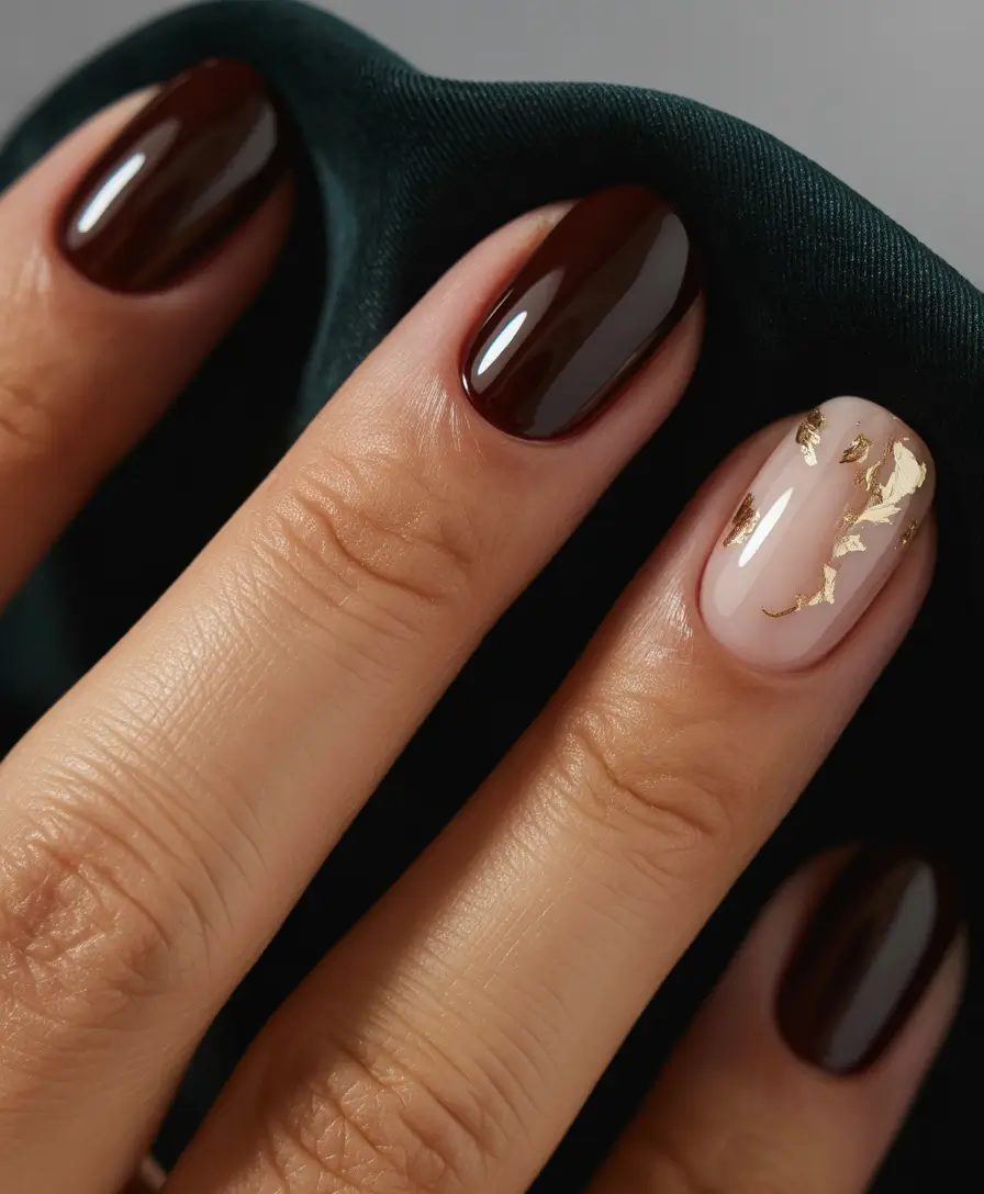Trendy Fall Nail Inspo 2025 Glossy Espresso with Gold Foil Accent