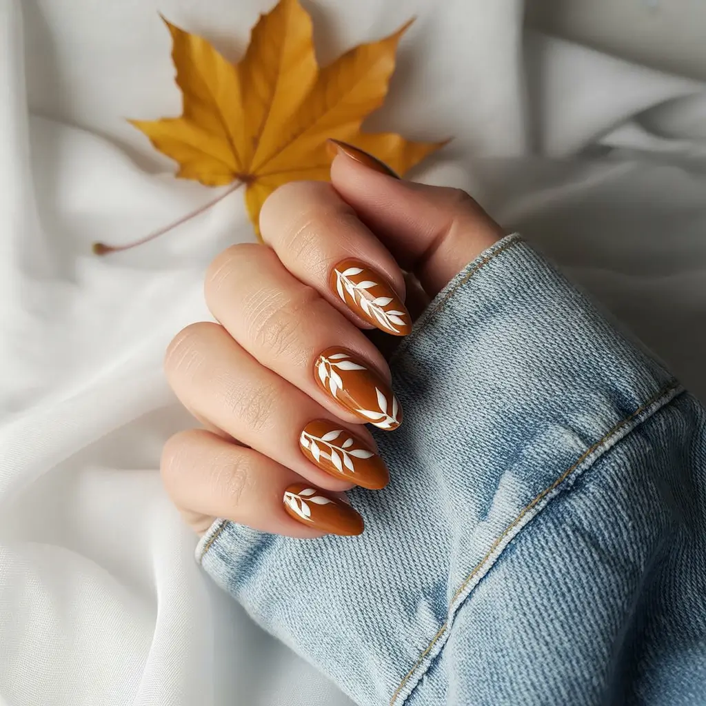 Trendy Fall Nail Inspo 2025 Caramel Leaves on Almond Nails