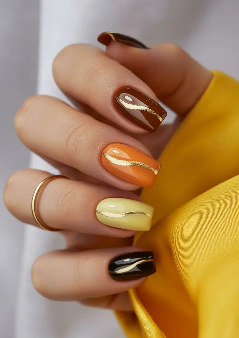 Trendy Fall Nail Inspo 2025 Sunset Ombre with Golden Waves
