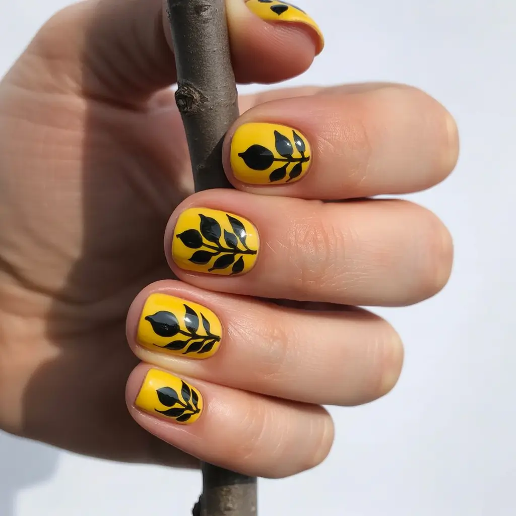 Trendy Fall Nail Inspo 2025 Golden Mustard Leaves on Short Nails