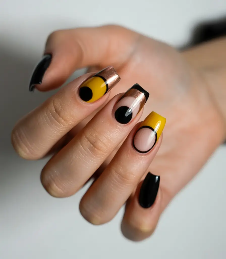 Geometric Yellow and Black nail art inspiration