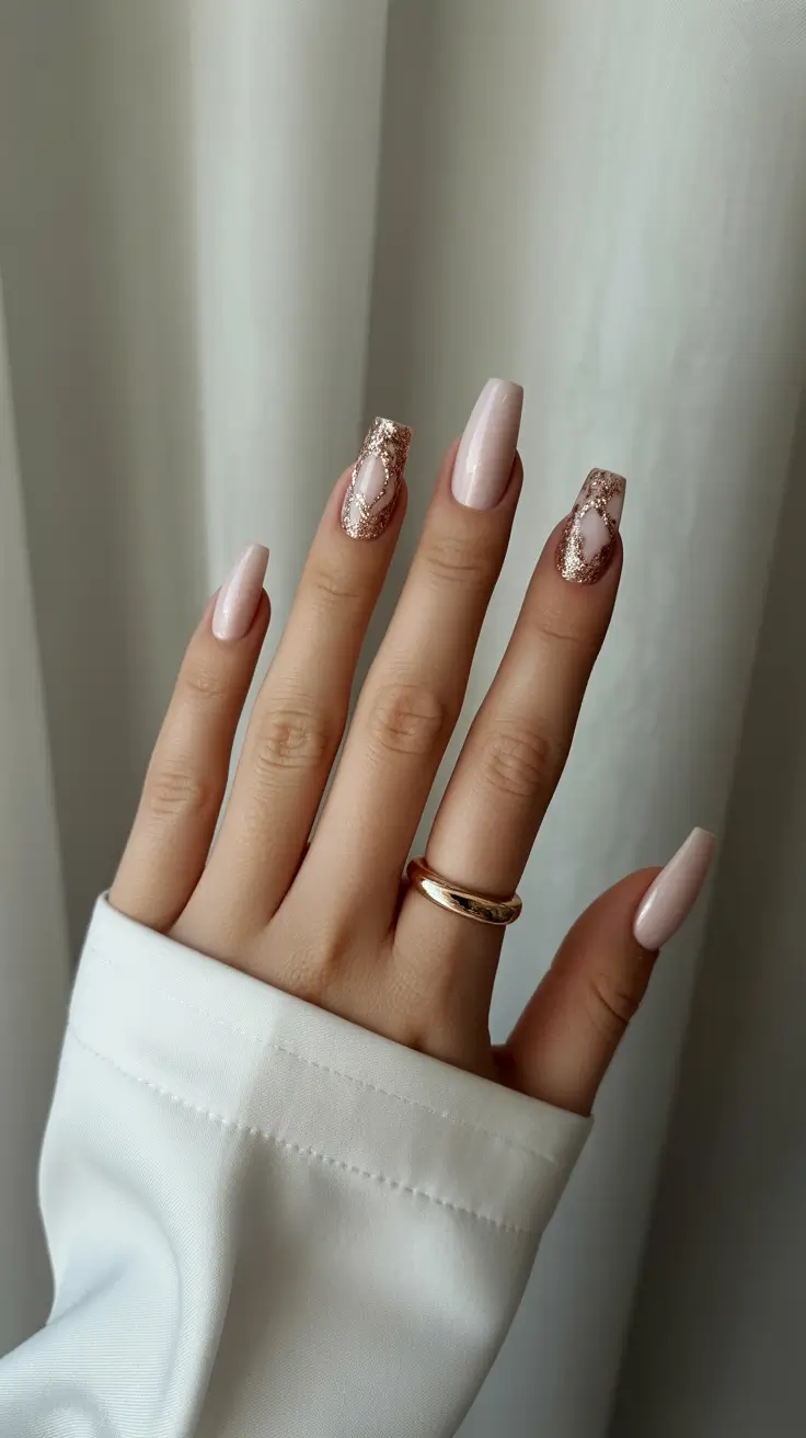 subtle-fall-nails-2025-rose-gold-glitter-swirl-on-pale-pink