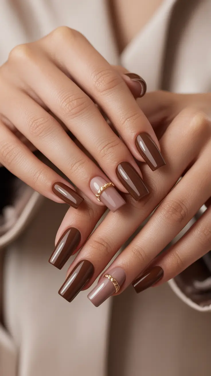 Subtle Fall Nails 2025 Glossy Cocoa with Gold Accent Band