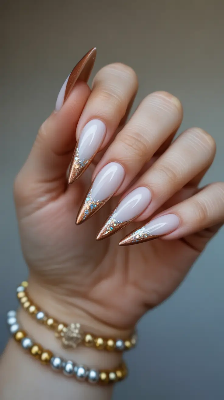 Subtle Fall Nails 2025 Champagne Copper French with Glitter Fade