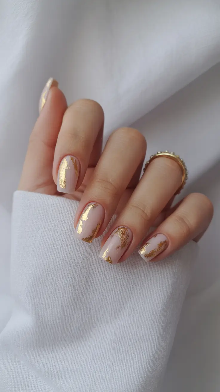 Subtle Fall Nails 2025 Soft Gold Leaf Veining on Mauve Pink