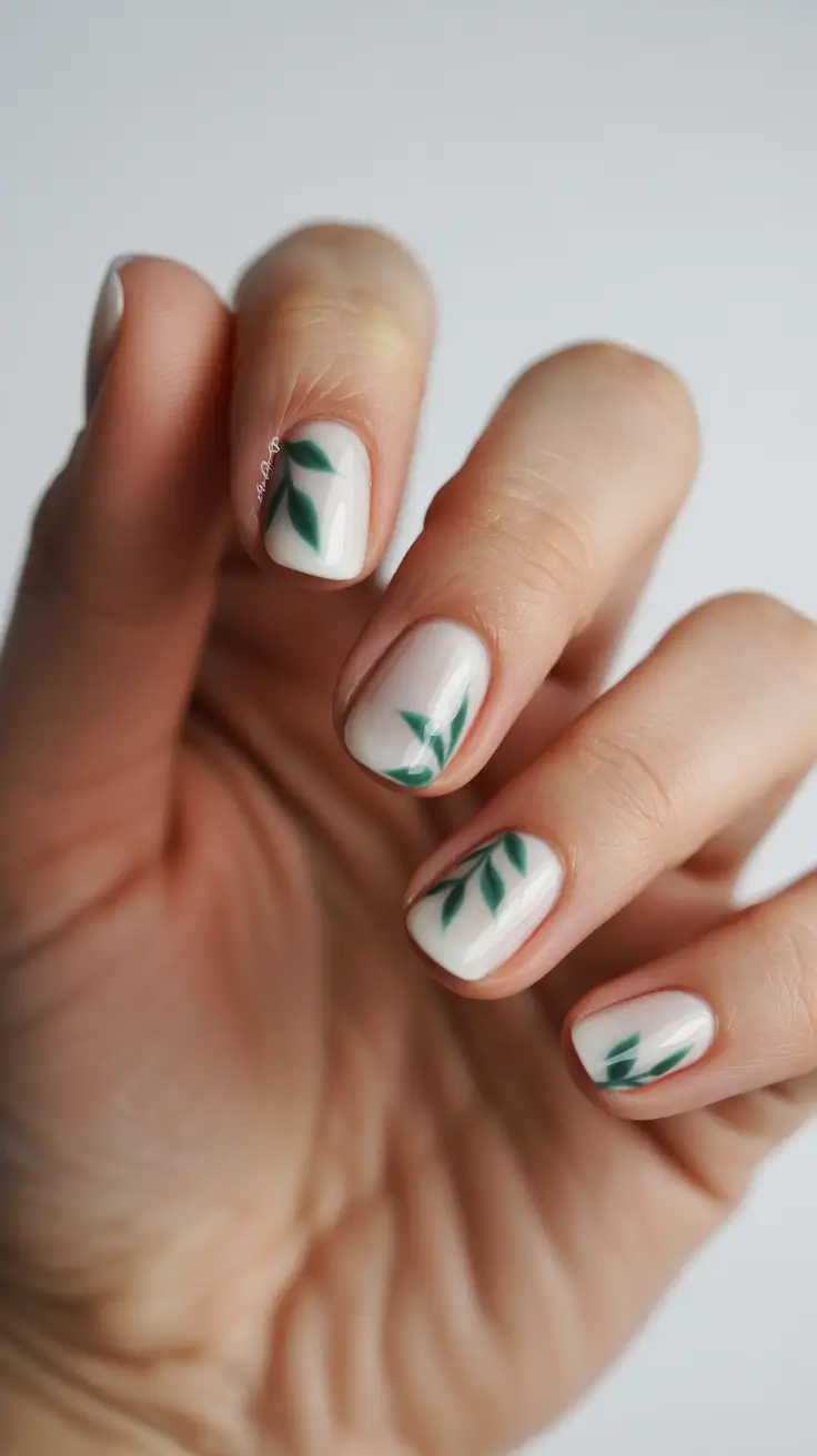 subtle-fall-nails-2025-minimalist-green-leaf-on-soft-white