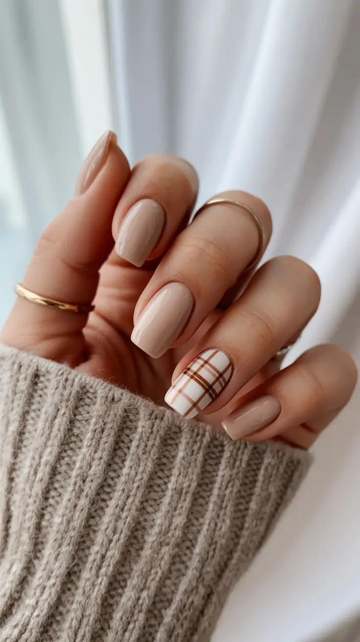 subtle-fall-nails-2025-creamy-beige-plaid-with-autumn-sweater-energy