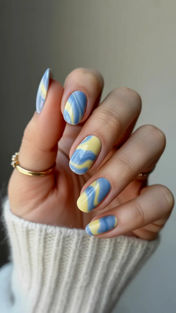 Autumn Marble Manicure - Cool-Toned Retro Marble in Pastel Blue and Lemon