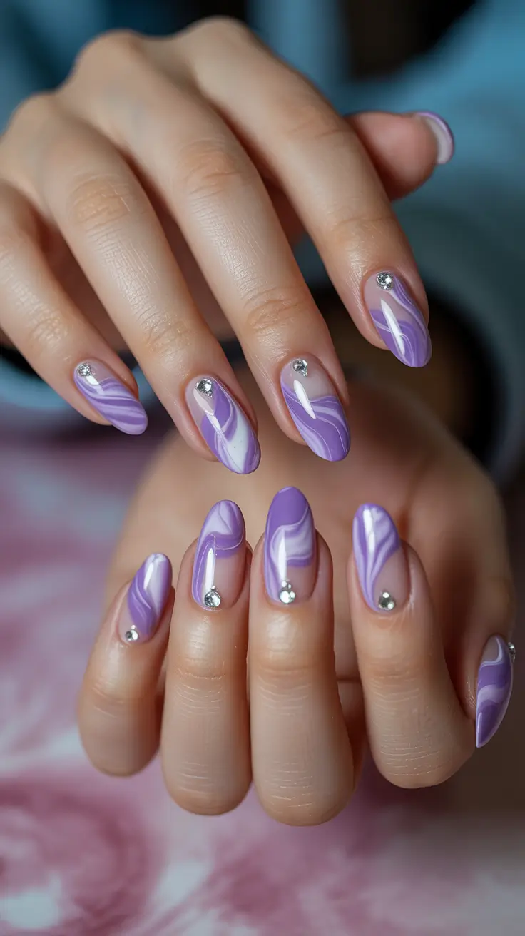 Autumn Marble Manicure - Lavender Marble with Crystal Accents