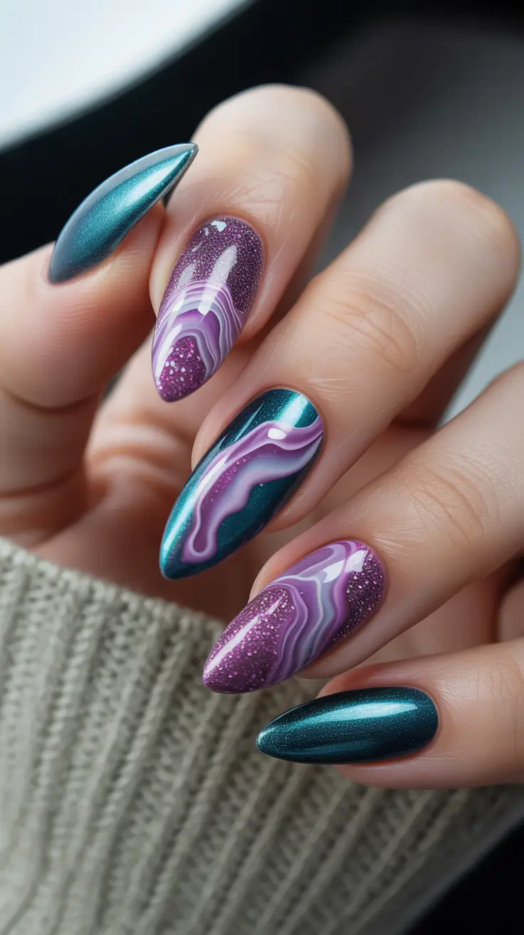 Autumn Marble Manicure - Metallic Agate Fantasy in Teal and Magenta