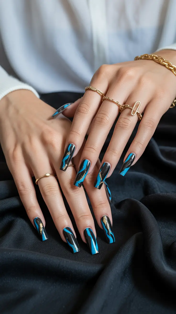 Autumn Marble Manicure - Sapphire Swirl Coffin Nails