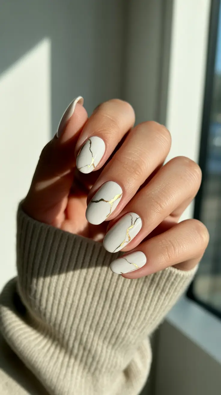 Autumn Marble Manicure - Nails Ideas 2025 Minimal Gold Veining on Cloudy White