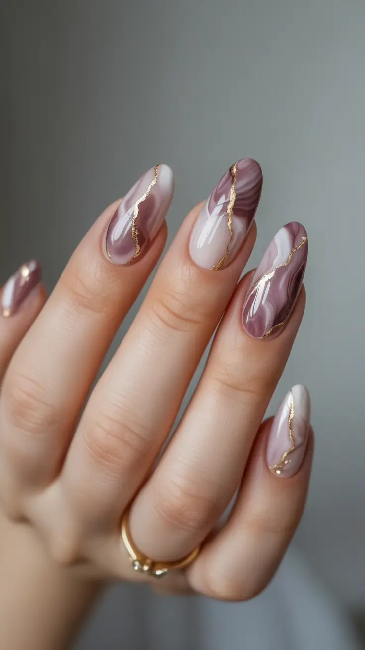 Autumn Marble Manicure - Smoky Plum Elegance with a Gold Accent