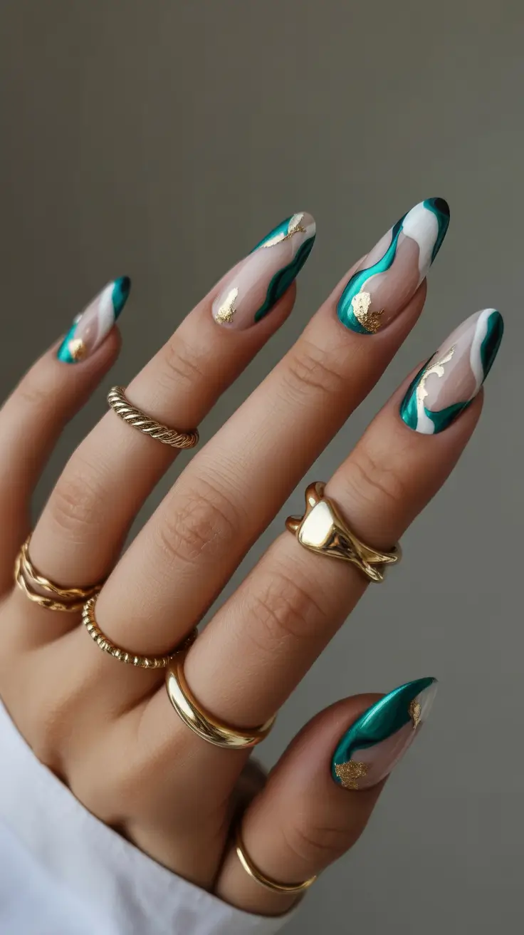 Autumn Marble Manicure - Nails Ideas 2025 Emerald Marble Elegance with Gold Leaf