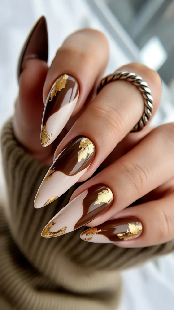 Autumn Marble Manicure - Nails Ideas 2025 Hot Cocoa Marble with Luxe Golden Touches