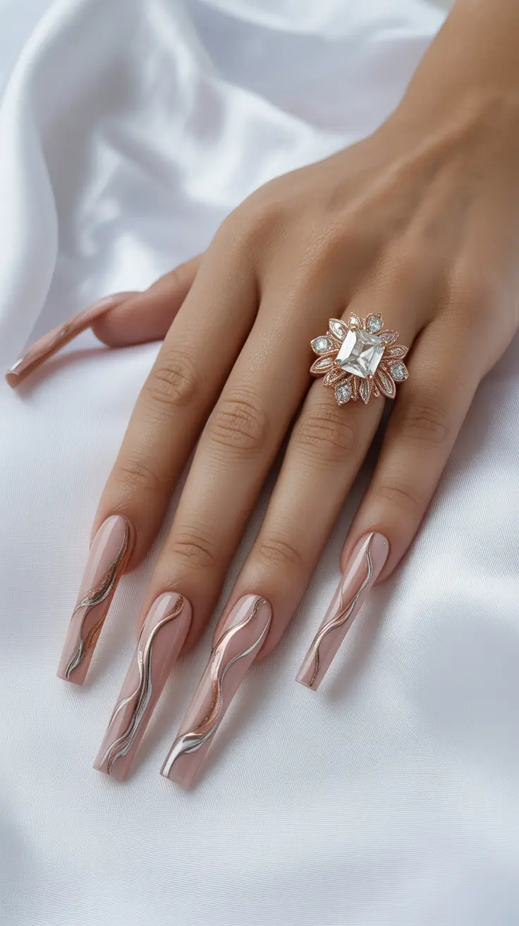 Autumn Marble Manicure - Nails Ideas 2025 Champagne Rose Marble with Sculpted Waves