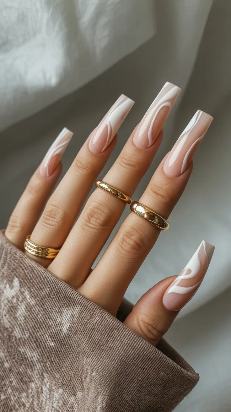 Autumn Marble Manicure - Nails Ideas 2025 Neutral Swirls on Tapered Coffin Tips