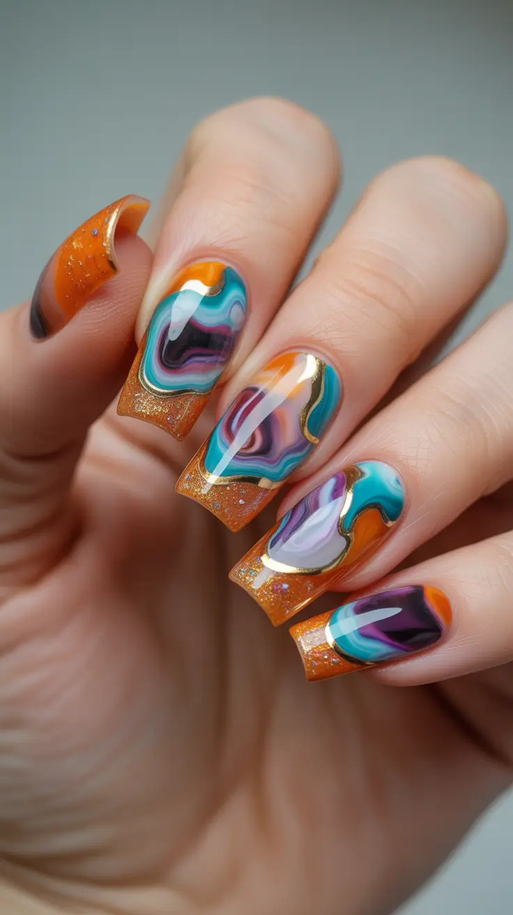Autumn Marble Manicure - Statement Acrylics with Agate Energy