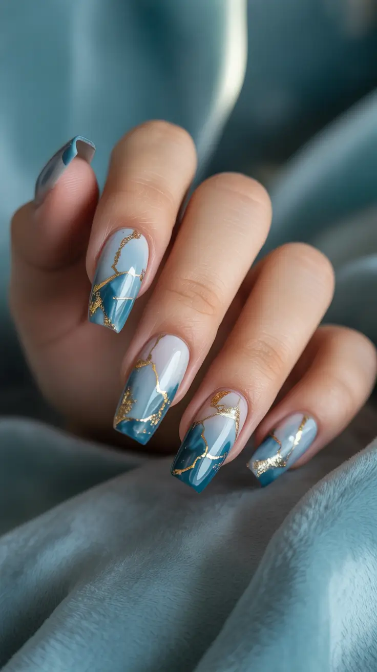 Autumn Marble Manicure - Teal Geometry Meets Gold Veins