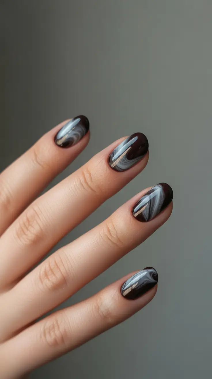 Autumn Marble Manicure - Short, Moody Marble with Deep Chocolate Swirls