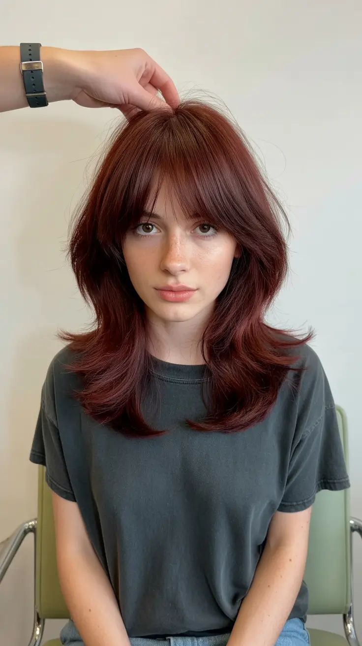 fall and winter haircuts 2025 Layered Burgundy with Bottleneck Bangs