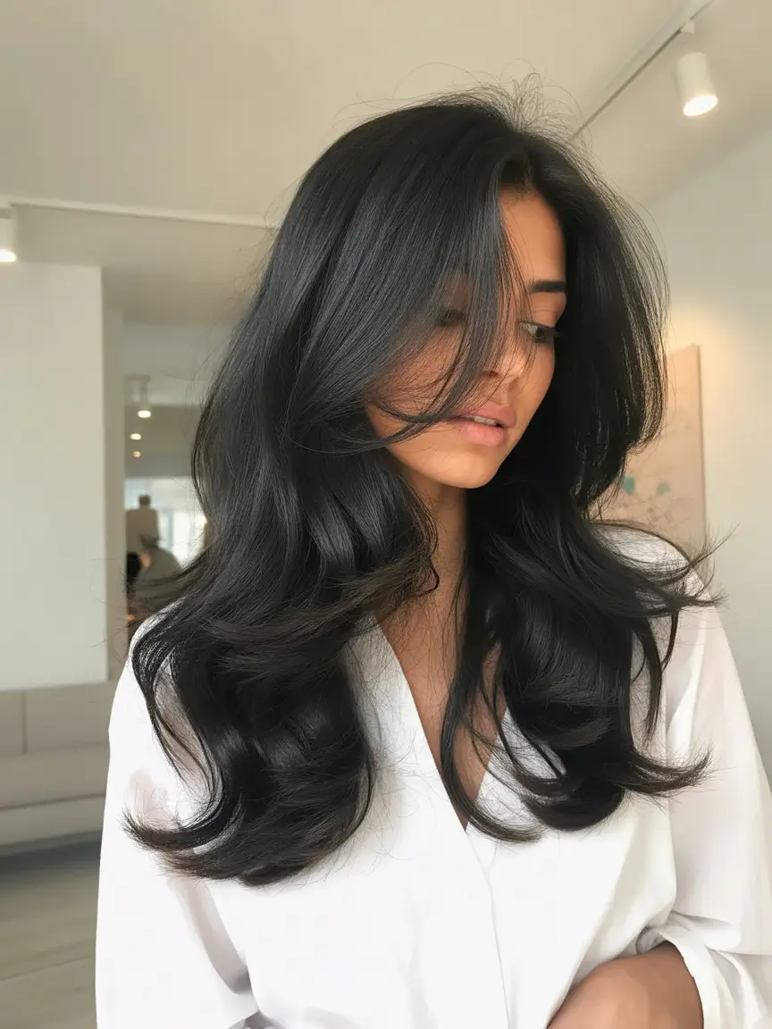 fall and winter haircuts 2025 Classic Jet Black Layers With a Soft Blowout
