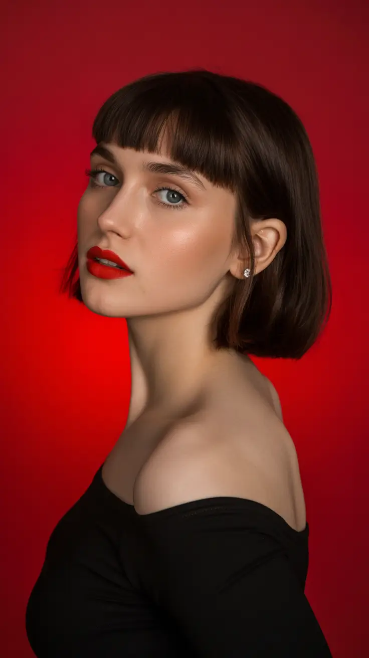 winter haircuts and colors 2025-2026 Classic French Bob With Baby Bangs