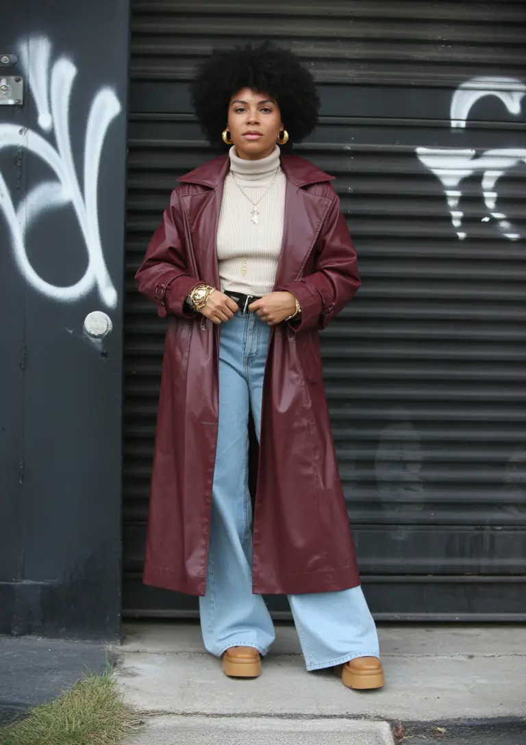 winter outfits blackgirl 2025-2026 Wine Leather & Wide-Leg Drama