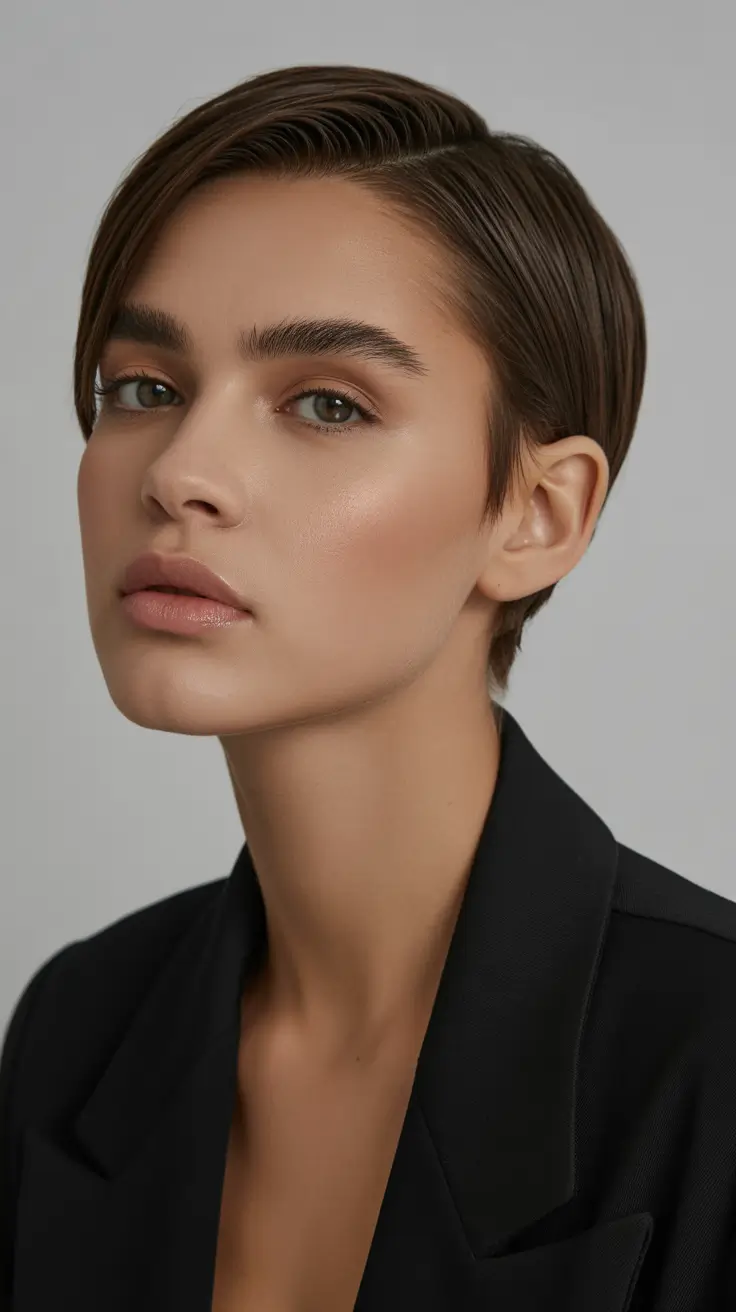 winter pixie haircuts 2025-2026 Sleek Minimalist Pixie with Side Part