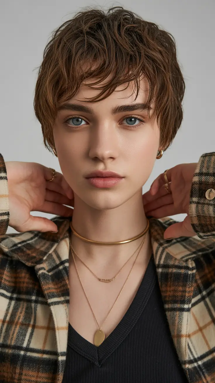 winter pixie haircuts 2025-2026 Messy Layered Pixie with Soft Brown Tones