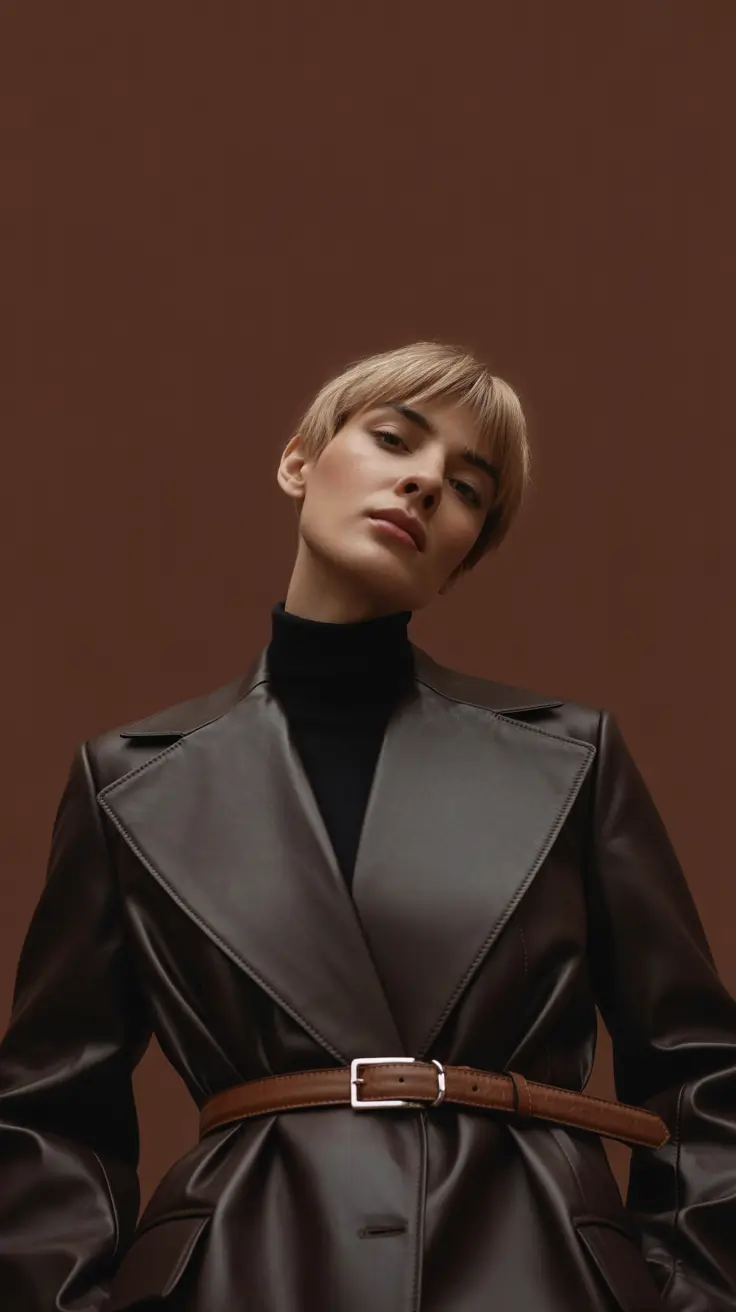 winter pixie haircuts 2025-2026 Structured Blonde Pixie with Blunt Bangs