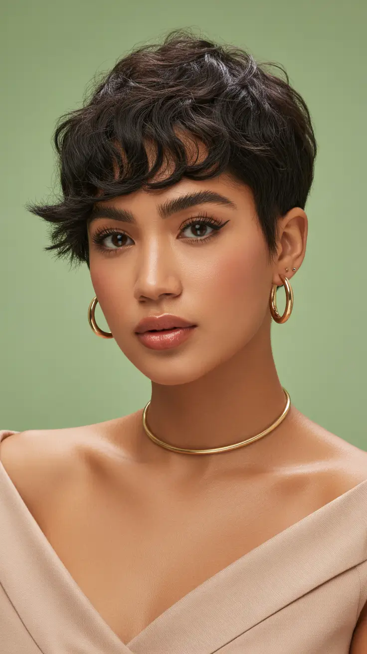 winter pixie haircuts 2025-2026 Textured Curly Pixie with Fringe