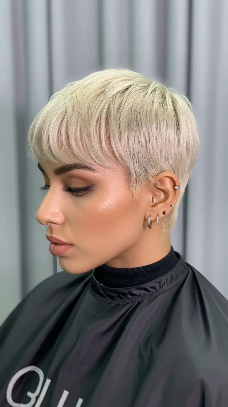 winter pixie haircuts 2025-2026 Platinum Crop with Edgy Bangs