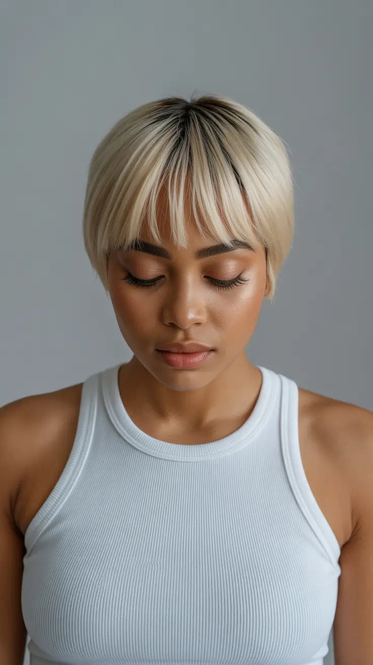 winter pixie haircuts 2025-2026 Soft Blonde Pixie with Wispy Bangs