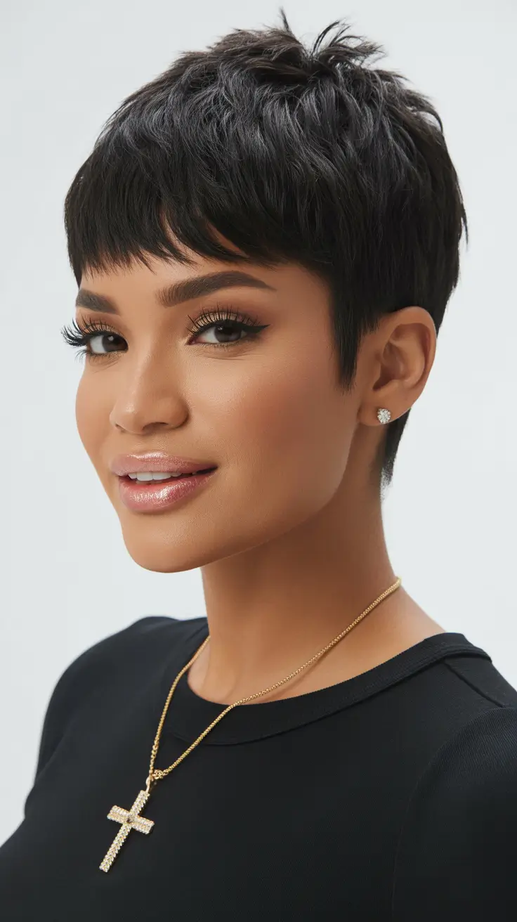 winter pixie haircuts 2025-2026 Glossy Black Pixie with Tapered Shape