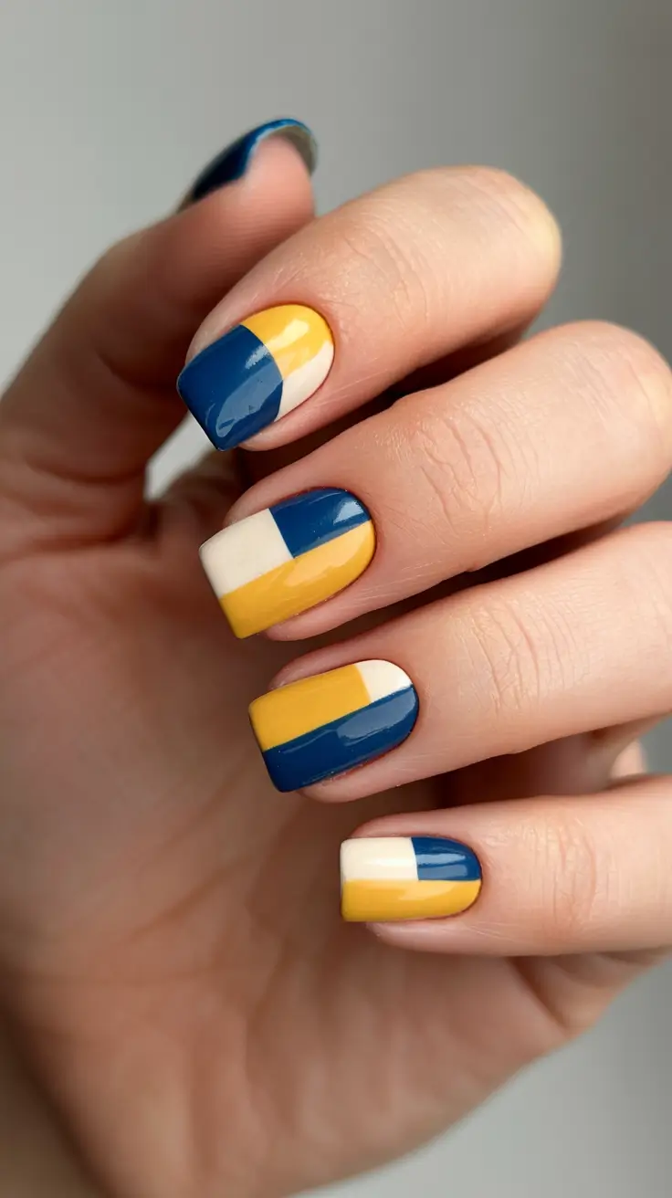 Color Block Nail Ideas for Fall 2025 Bold Geometric Blues and Golds