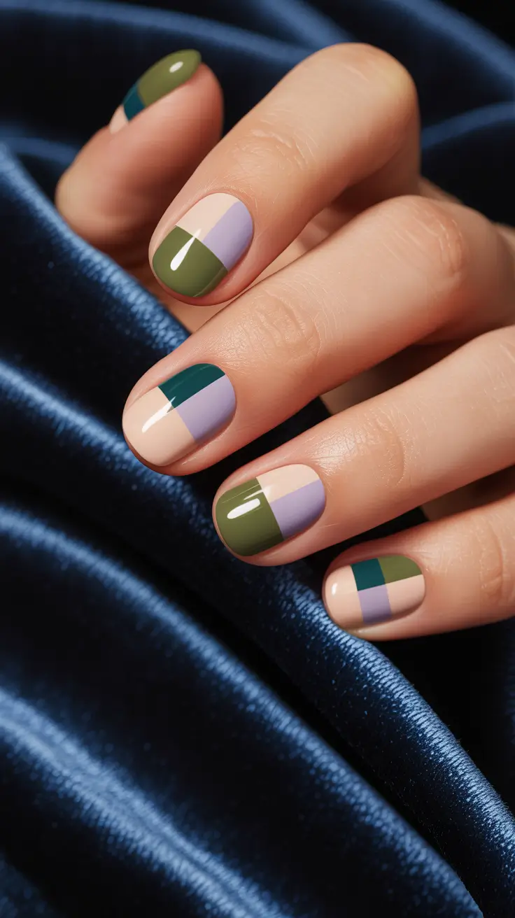 Color Block Nail Ideas for Fall 2025 Earthy Green and Lavender Blocks