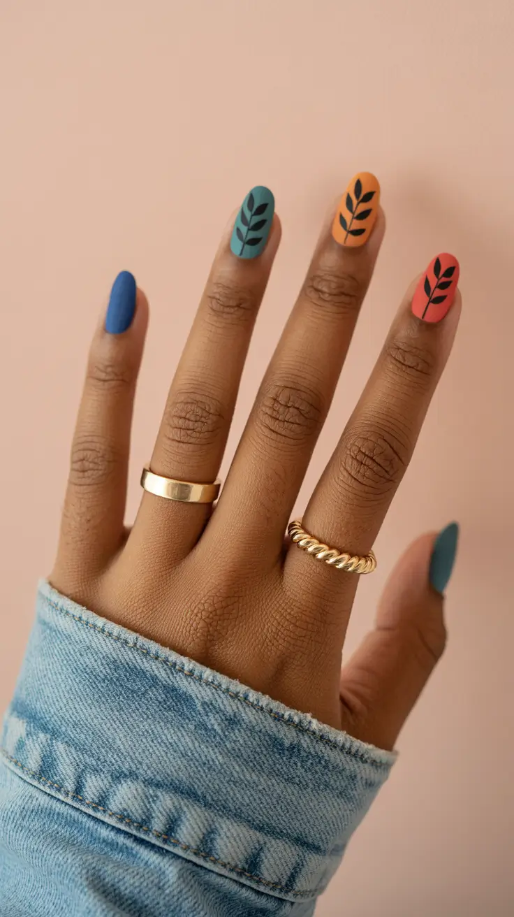 Color Block Nail Ideas for Fall 2025 Playful Leaves in Bold Colors