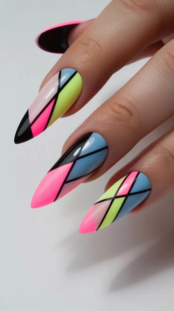 Color Block Nail Ideas for Fall 2025 Neon Geometry with Edge